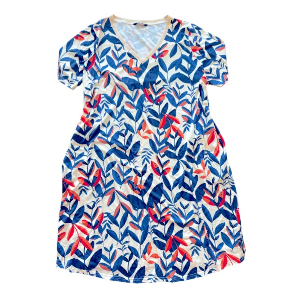 BloomChic Short-Sleeved Blue and Coral Floral A-Line Midi Shift Dress w Pockets